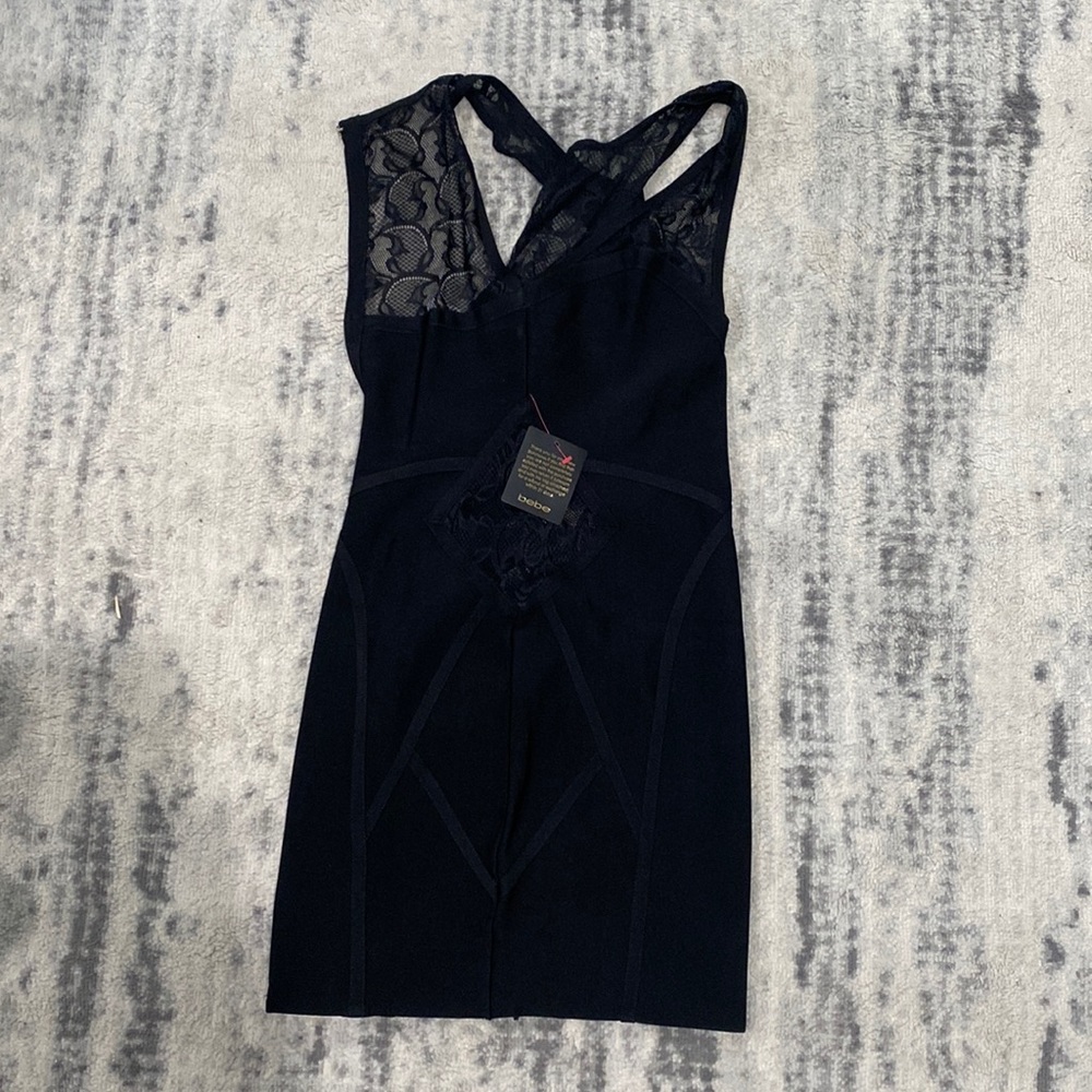 BEBE SHANNEL LACE BANDAGE DRESS WITH SEE THROUGH MESH PATCH ON FRONT AND BACK